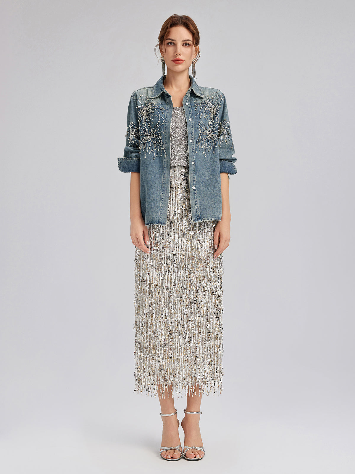 Hand-Beaded Embroidered Denim Shirt
