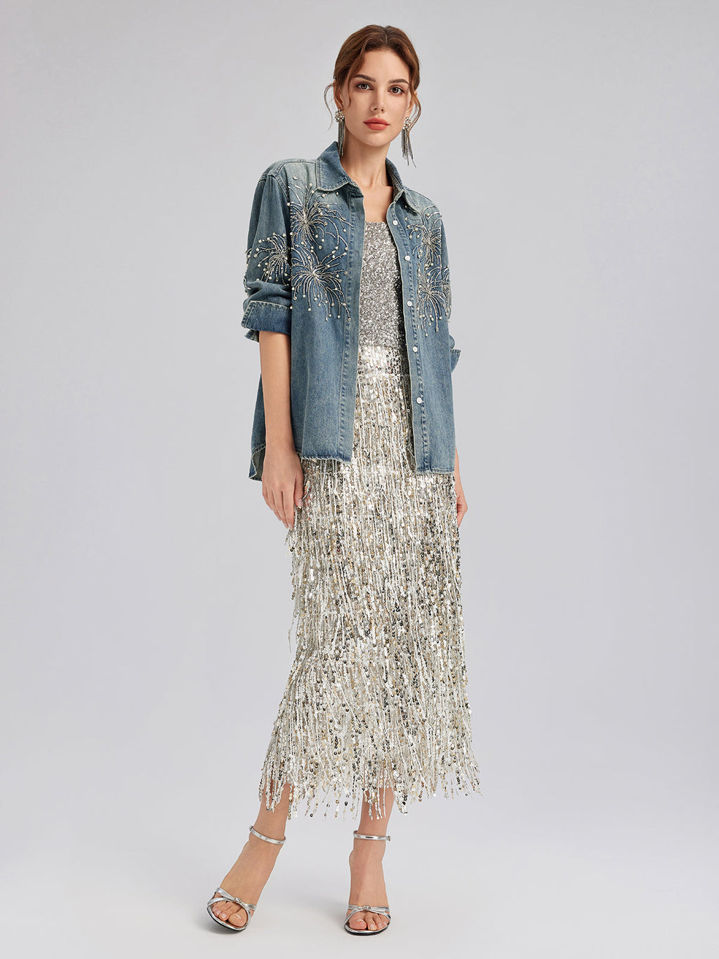 Hand-Beaded Embroidered Denim Shirt