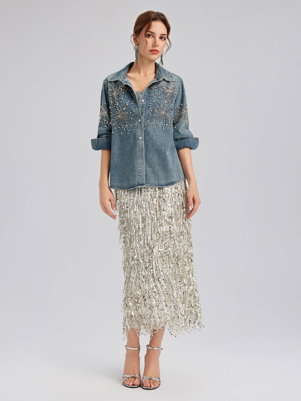 Hand-Beaded Embroidered Denim Shirt