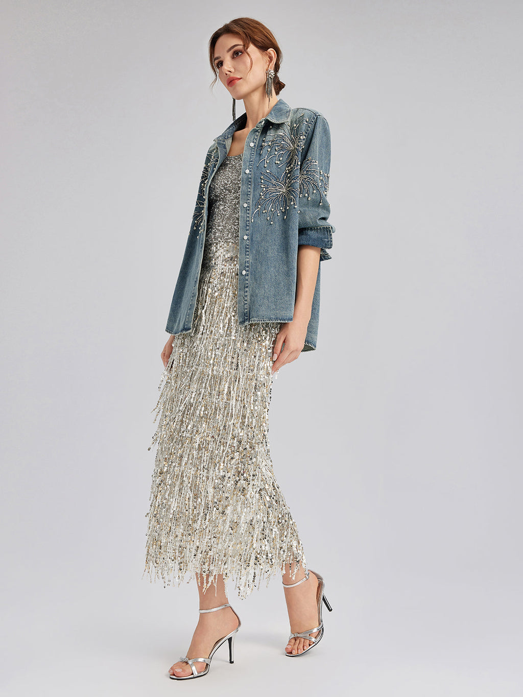 Hand-Beaded Embroidered Denim Shirt