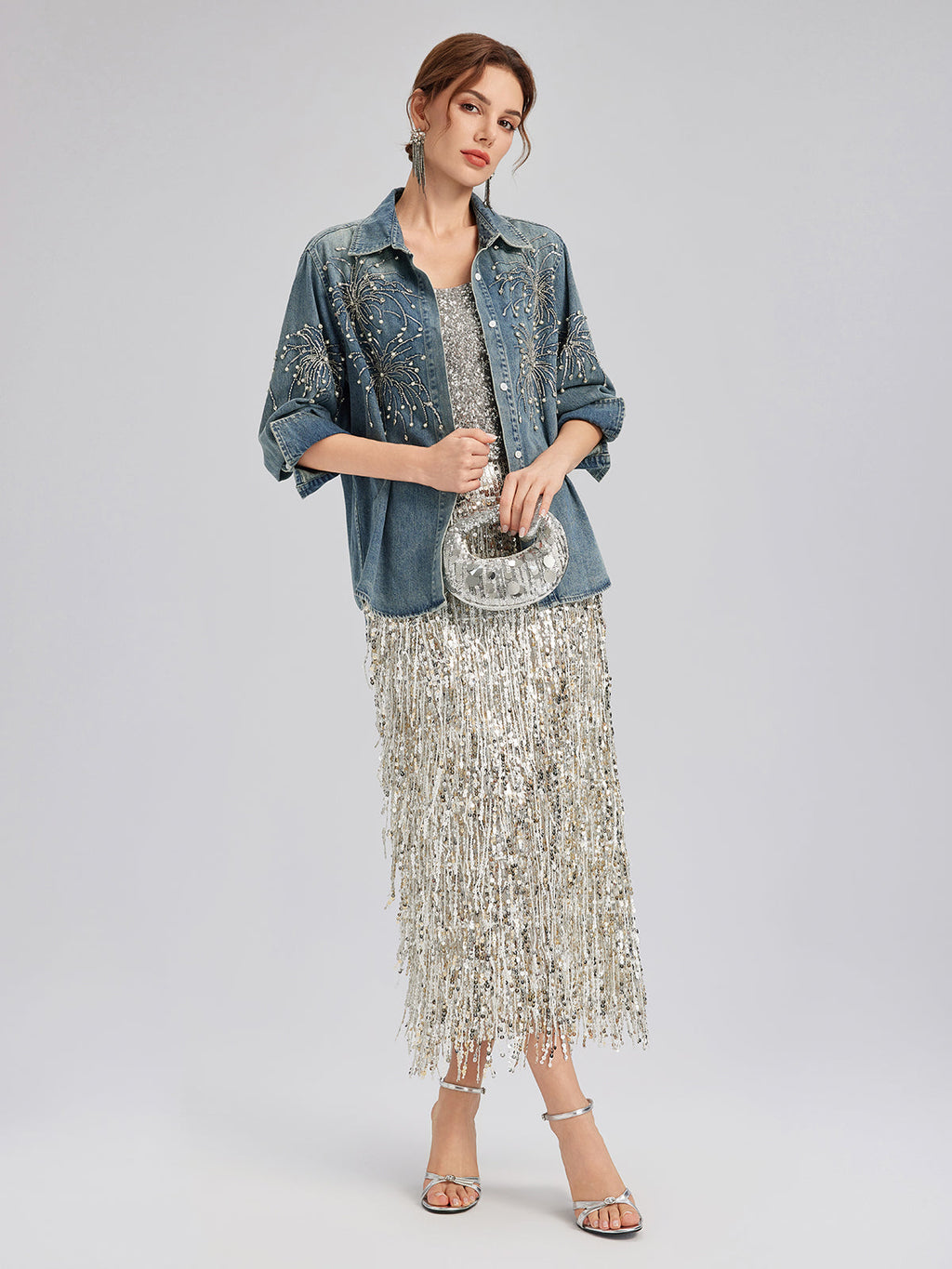 Hand-Beaded Embroidered Denim Shirt