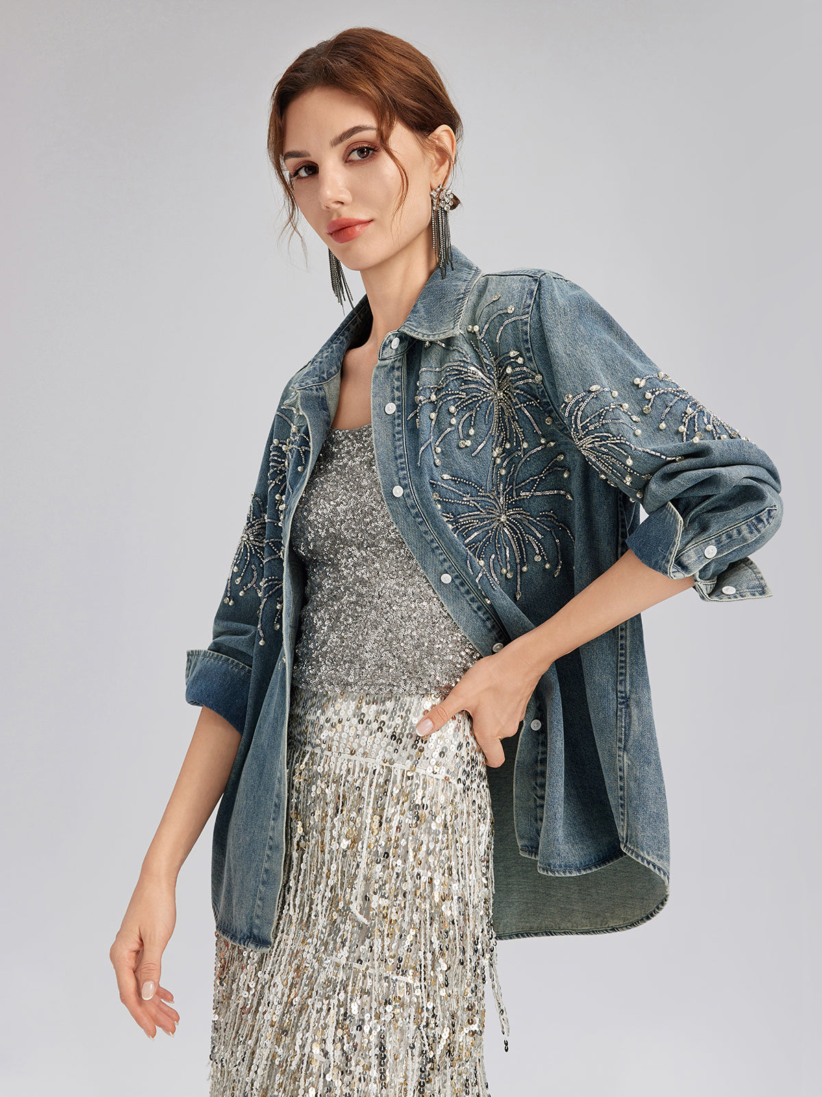 Hand-Beaded Embroidered Denim Shirt