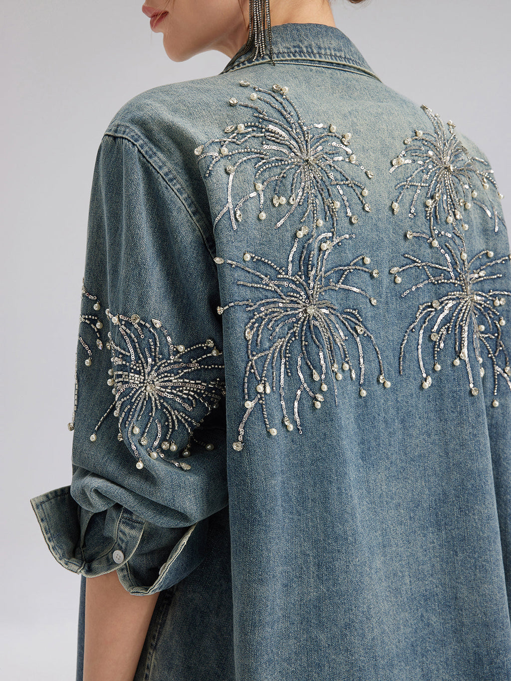 Hand-Beaded Embroidered Denim Shirt